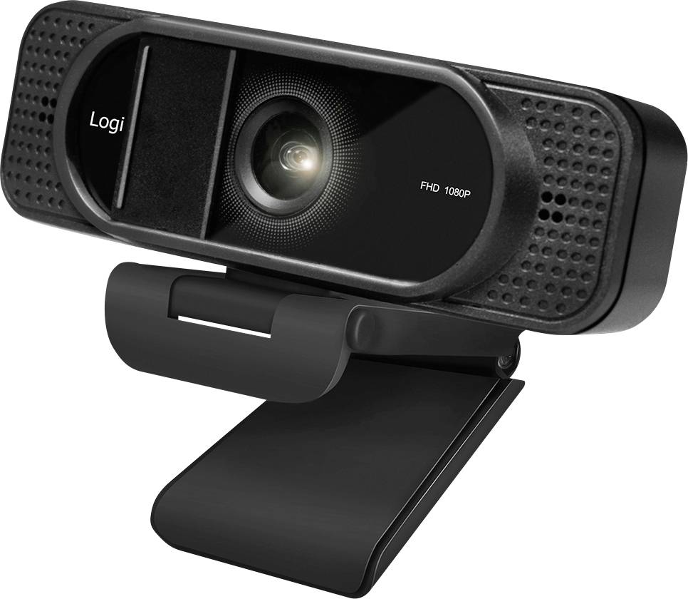 Eine schwarze Webcam mit dem 'Logi' Logo und der Aufschrift 'FHD 1080p'. Sie verfügt über ein weitwinkeliges Objektiv und ist auf einem faltbaren Ständer montiert, der sich für Computer eignet.