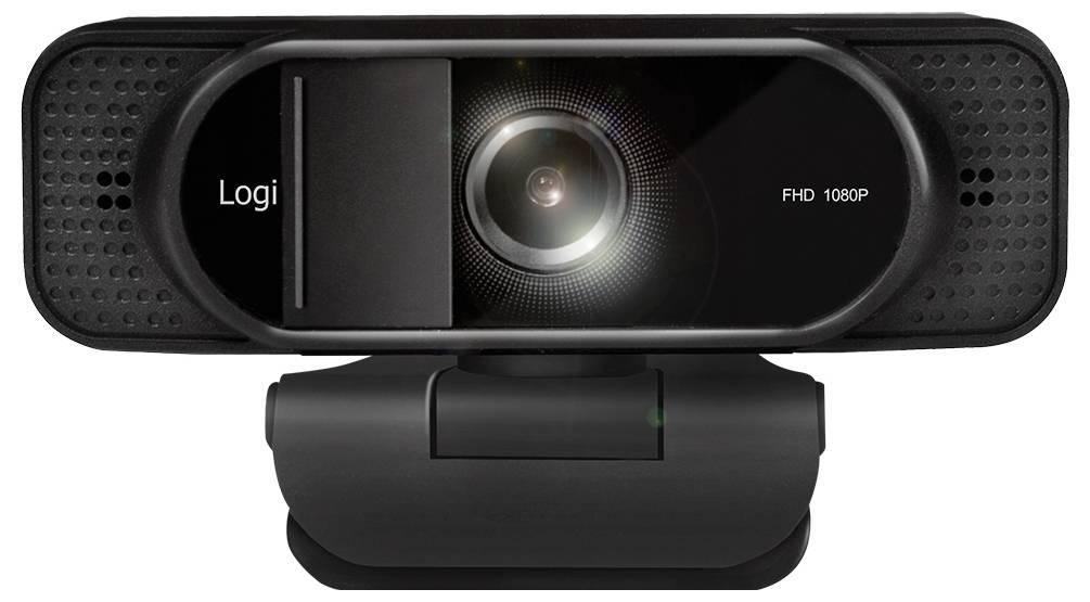Eine schwarze Webcam mit einer Linse in der Mitte, beschriftet mit 'FHD 1080P' und 'Logi', montiert auf einer verstellbaren Basis für Videoaufnahmen oder Streaming.