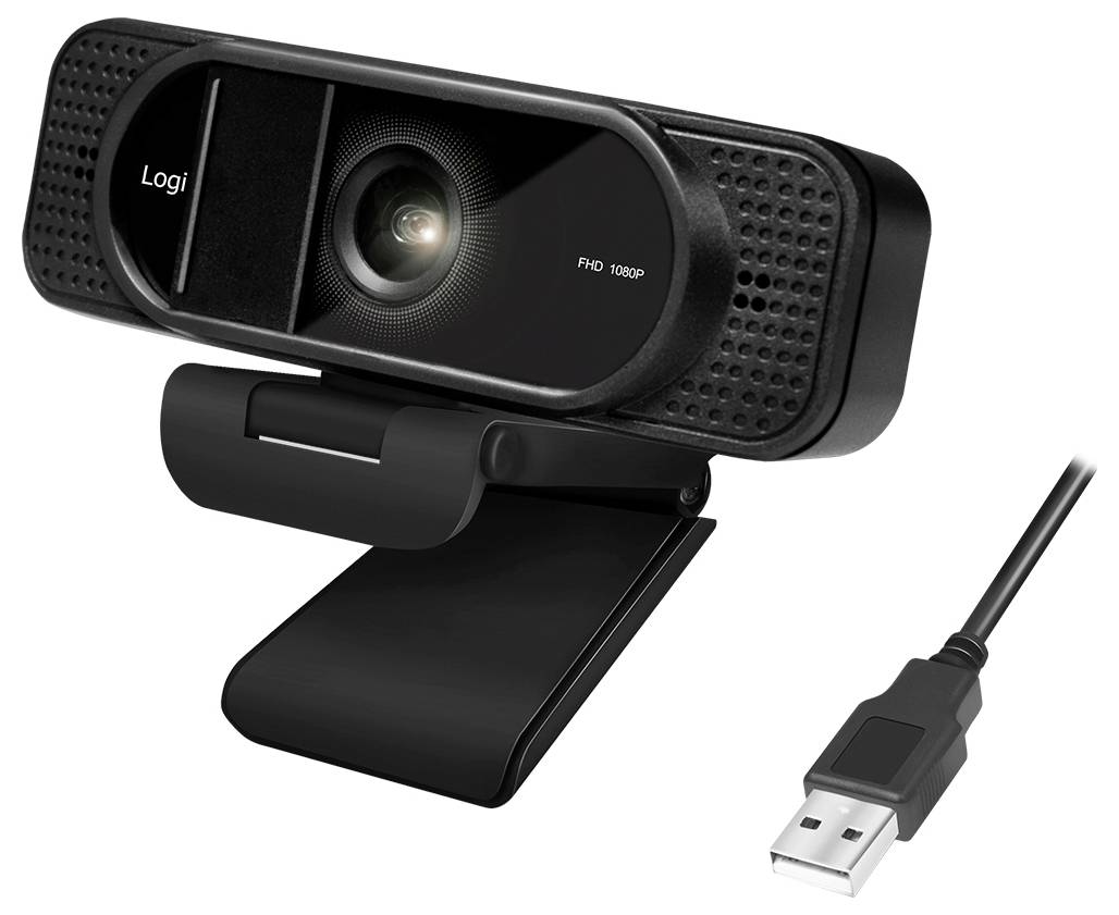 Eine schwarze USB-Webcam mit der Aufschrift 'FHD 1080p' auf der Vorderseite, ausgestattet mit einer Linse und einem Mikrofon. Sie wird über ein daneben liegendes USB-Kabel angeschlossen.