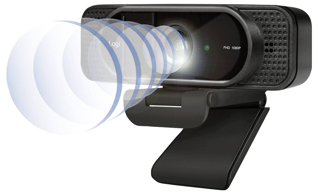 Eine schwarze Webcam mit einer Klemme sitzt auf einer Oberfläche und sendet einen sichtbaren Strahl aus, um ihre Autofokus-Fähigkeit zu veranschaulichen. Sie ist mit 'FHD 1080P' gekennzeichnet.