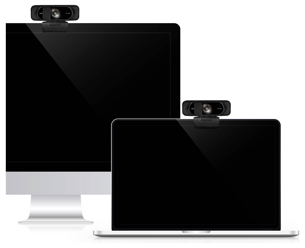 Zwei Computerbildschirme mit darüber angebrachten Webcams. Ein Bildschirm ist ein Monitor und der andere ein Laptop, beide mit schwarzen Bildschirmen.