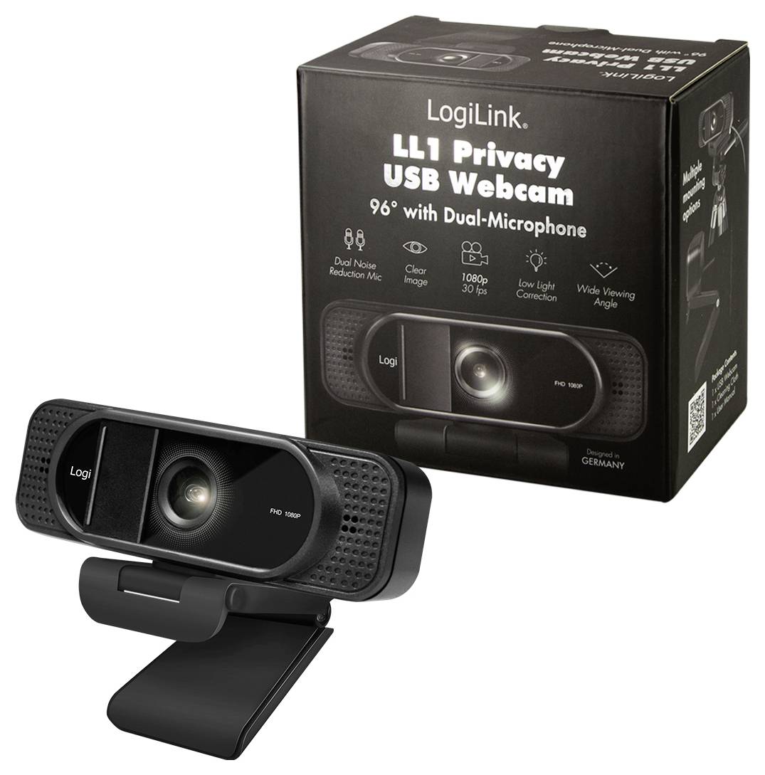Eine schwarze LogiLink USB-Webcam mit Dual-Mikrofon wird neben ihrer Verpackungsbox gezeigt, wobei Funktionen wie 1080p und Korrektur bei schlechten Lichtverhältnissen hervorgehoben werden.
