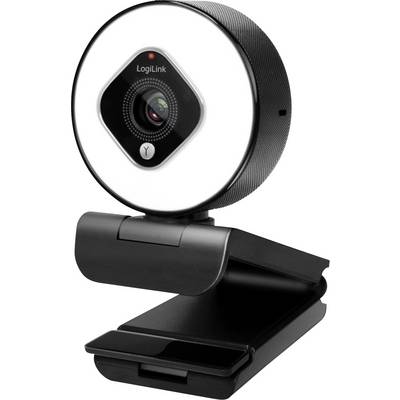 Eine runde Webcam mit schwarzem und silbernem Design, montiert auf einem verstellbaren Ständer.