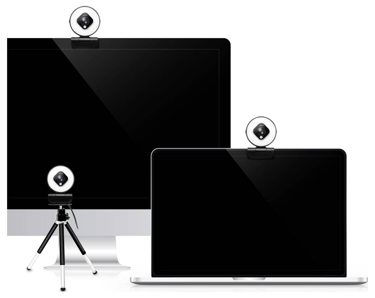 Zwei Bildschirme mit Webcams; ein Monitor auf einem Stativ und ein Laptop. Jede Webcam ist auf dem oberen Rahmen der Geräte zentriert.