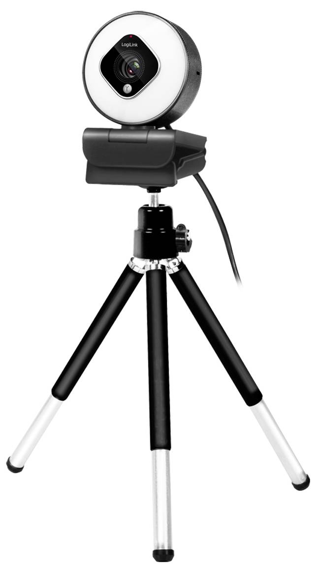 Eine schwarze und silberne Webcam, montiert auf einem Stativ, per Kabel verbunden, geeignet für Videokonferenzen und Streaming.