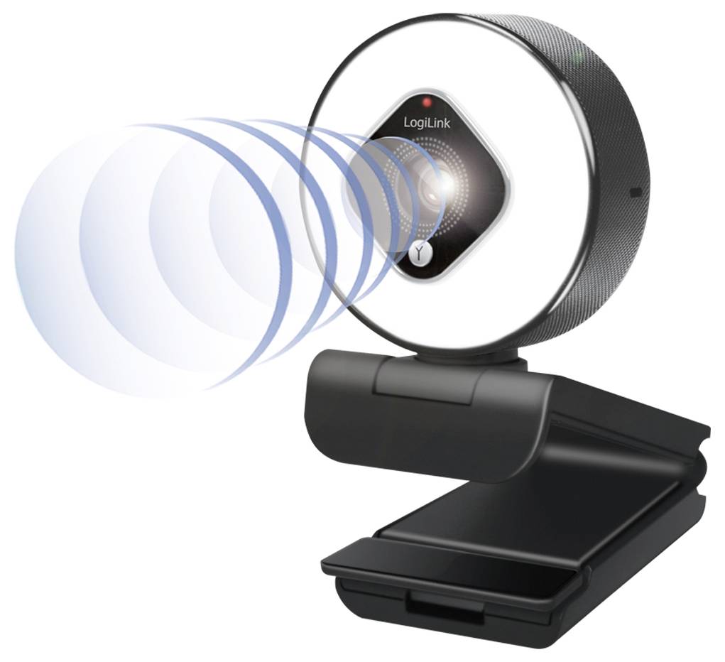 Eine schwarze und silberne Webcam mit einer Clip-Basis, versehen mit LogiLink-Branding und einem kreisförmigen Design mit Schallwellengrafiken, die von der Vorderseite ausgehen.