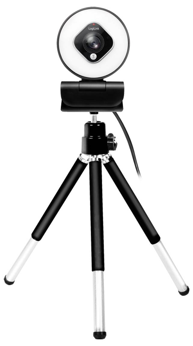 Eine Webcam, die auf einem Stativ montiert ist, mit einer runden Bauform, einem auffälligen Objektiv und angeschlossenem Kabel, geeignet für Videokonferenzen.