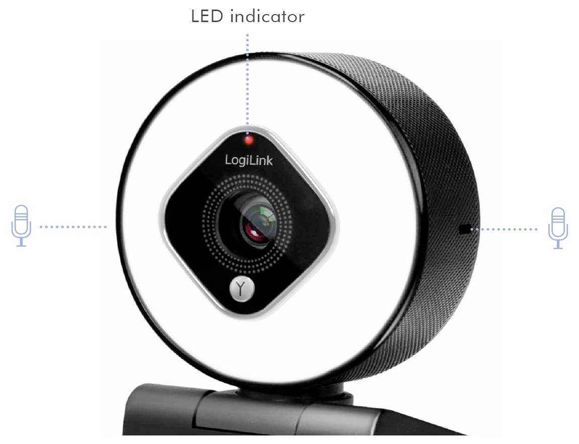 Eine Nahaufnahme einer schwarzen LogiLink-Webcam mit Ringlicht, LED-Anzeige oben und Mikrofonmarkierungen auf beiden Seiten.