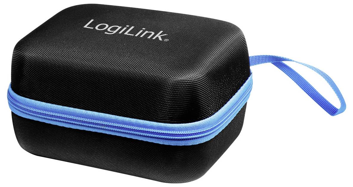 Eine schwarze rechteckige Tragetasche mit einem blauen Reißverschluss und Riemen, auf der oben der Markenname 'LogiLink' angebracht ist.