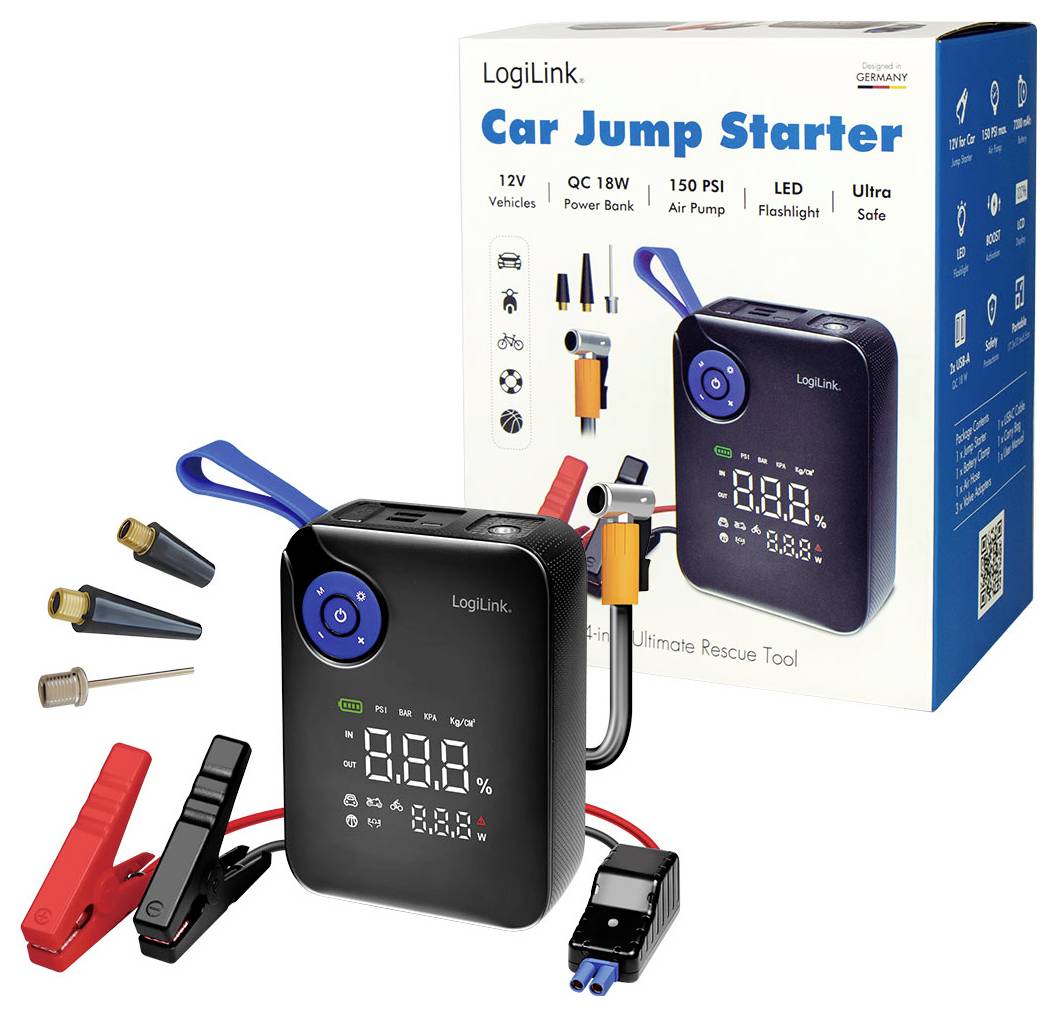 "Car Jump Starter" von LogiLink für 12V-Fahrzeuge. Mit 18W Quick Charge Powerbank, 150 PSI-Luftpumpe, LED-Taschenlampe. Inklusive Kabel und Düsen.