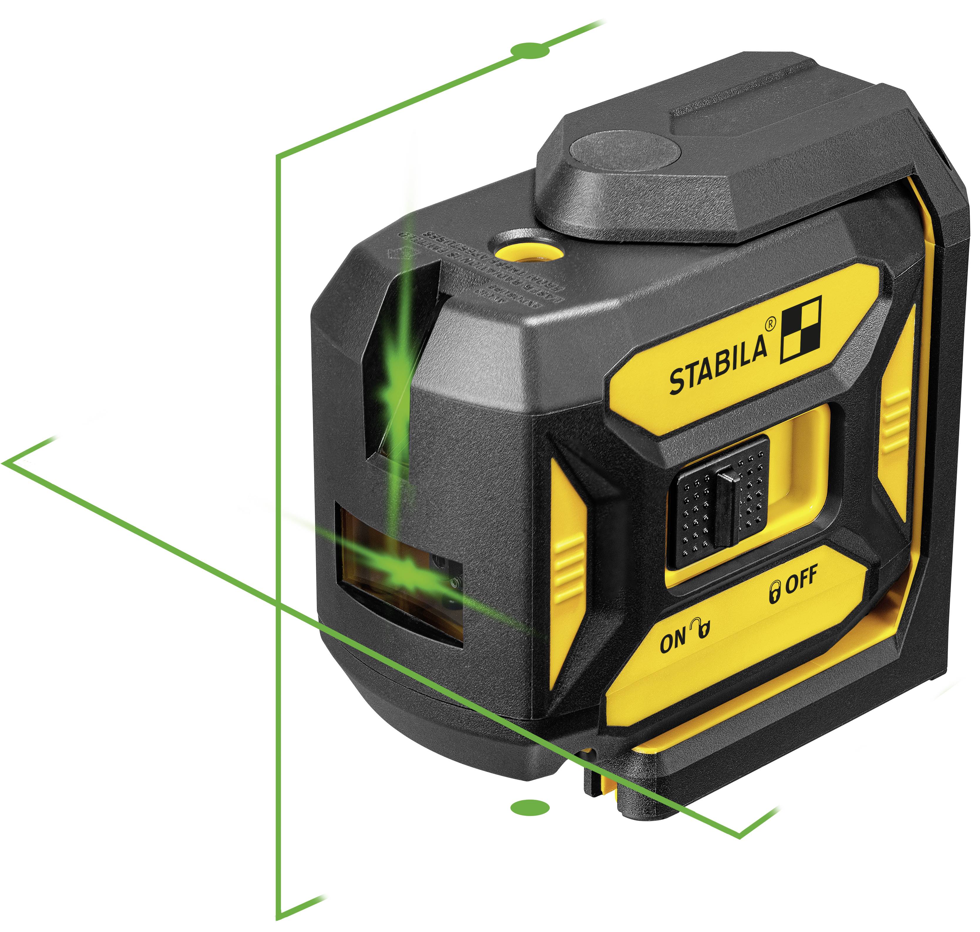 Ein digitales Lasernivelliergerät mit einer grünen horizontalen und vertikalen Lasergitter, einem Schalter mit der Beschriftung ‚EIN/AUS' und dem Markennamen ‚Stabila'.