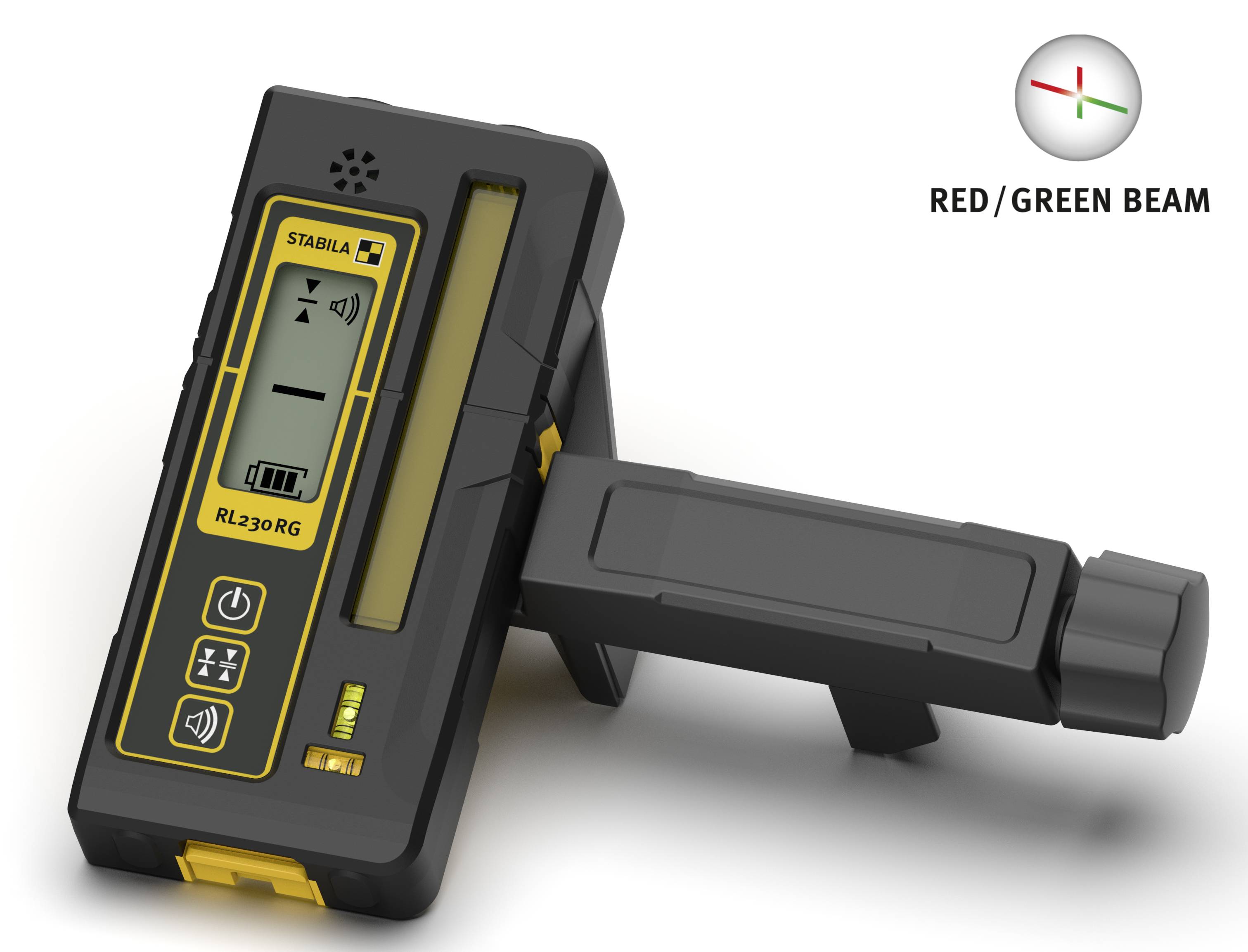 Ein digitaler Laserempfänger mit verschiedenen Steuerungstasten und Batterieanzeigefeldern, gekennzeichnet mit 'ROT/GRÜNER STRAHL'.