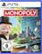 Monopoly PS5-Spielcover: Mr. Monopoly mit Würfeln und einer lebendigen Stadtlandschaft, einschließlich der Space Needle und moderner Gebäude.