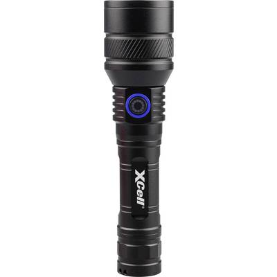 „XCell" schwarze Taschenlampe, Vorderansicht, mit blauem Einschaltknopf und strukturiertem Griff für besseren Halt.
