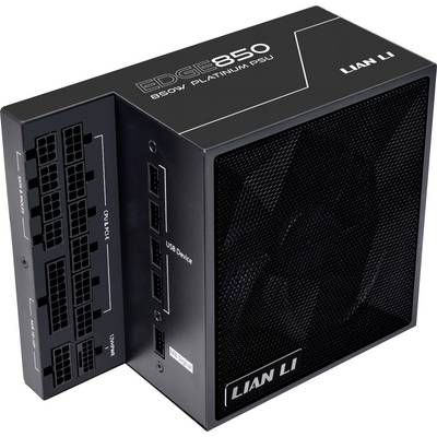 Lian Li Netzteil, Modell EDGE 850, 850W Platinum-Netzteil. Verfügt über mehrere Anschlussports und zeigt Branding auf dem Gehäuse.