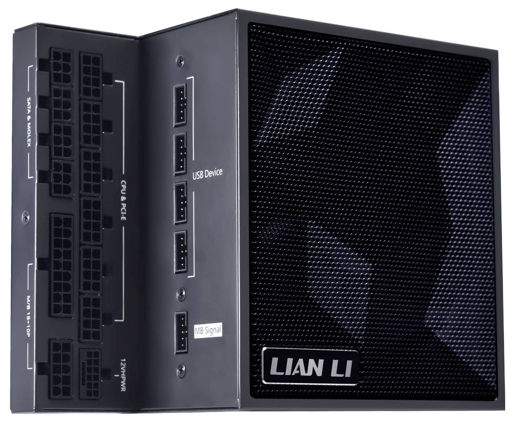 Eine modulare Netzteileinheit mit Frontgitter und mehreren Anschlüssen, einschließlich CPU- und PCIe-Verbindungen. Markenname 'Lian Li' sichtbar.