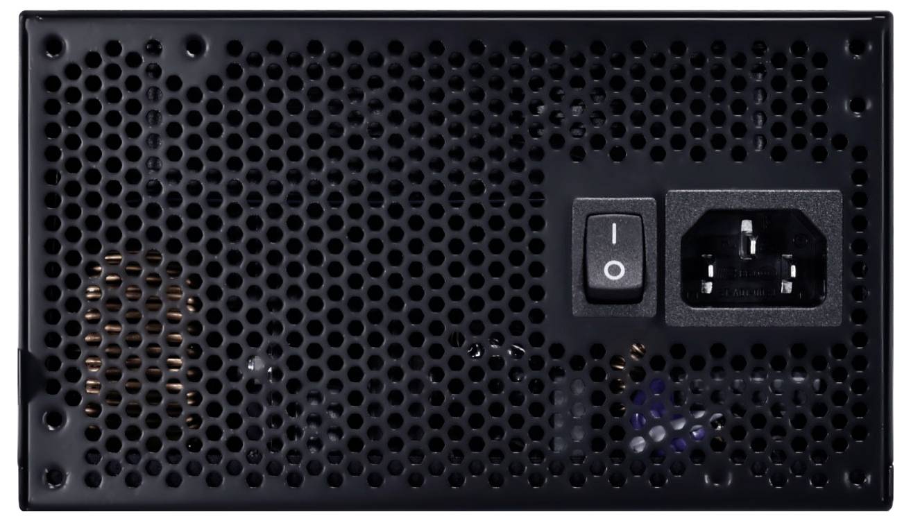 Eine schwarze Computer-Netzteileinheit mit Netzschalter, Lüftergitterstruktur und Netzsteckdose.