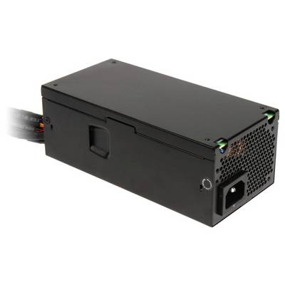 Eine kompakte schwarze Netzteileinheit mit Lüftungsgitter und Stromstecker.