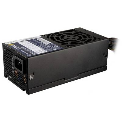 Eine schwarze Computernetzteile mit einem Kühlventilator oben, einer Stromeingangsbuche an der Seite und mehreren farbigen Kabeln, die herausragen.