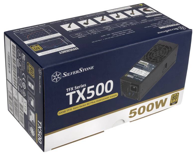 Verpackung eines SilverStone TX500 Netzteils, die das Modell, die 500 Watt Leistung und die 80 Plus Zertifizierung zeigt.