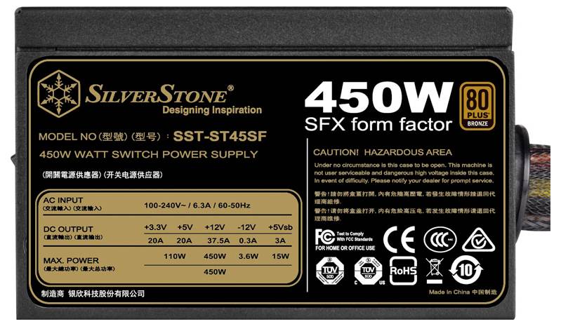 'SilverStone 450W SFX-Netzteil mit 80 Plus-Zertifizierung. Modell SST-ST45SF. Eingangsspannung: 100-240V. Ausgangsleistung: maximal 450W.'