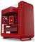 Ein roter Gaming-Computer-Tower mit Frontgitter und sichtbaren Innenkomponenten, einschließlich eines Lüfters und eines CPU-Kühlers.