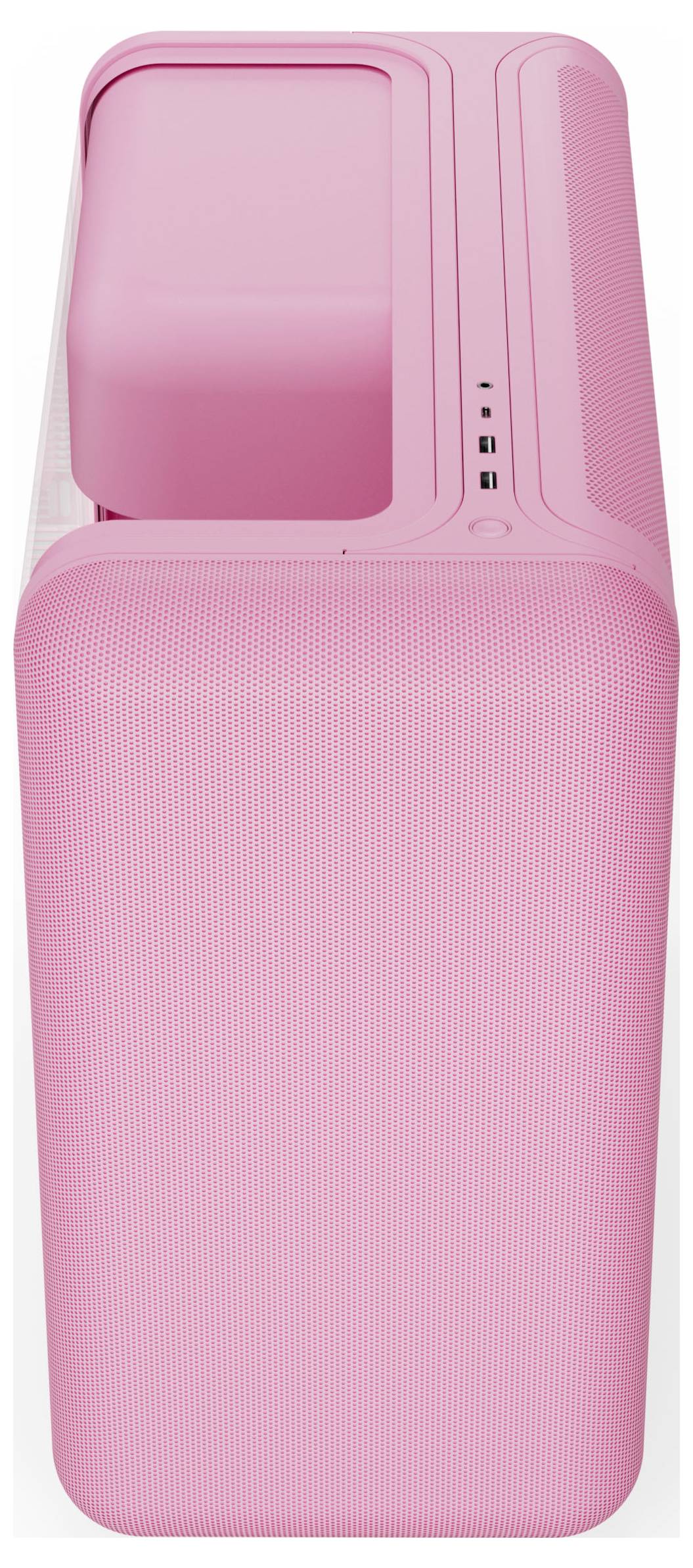 Ein rosafarbenes Computer-Tower-Gehäuse mit glatter Designoberfläche, Frontblende mit Mesh-Struktur zur Belüftung und USB-Anschlüsse auf der Oberseite.