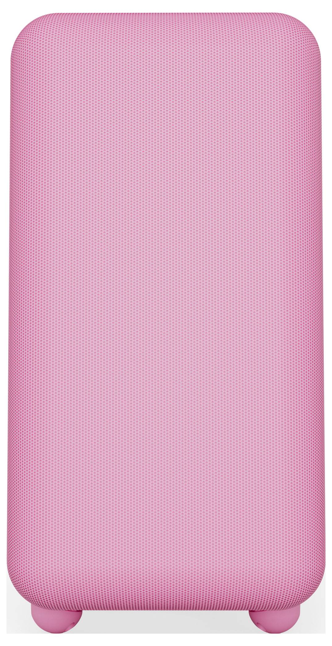 Ein rosa, rechteckiger Lautsprecher mit abgerundeten Kanten, aufrecht stehend.
