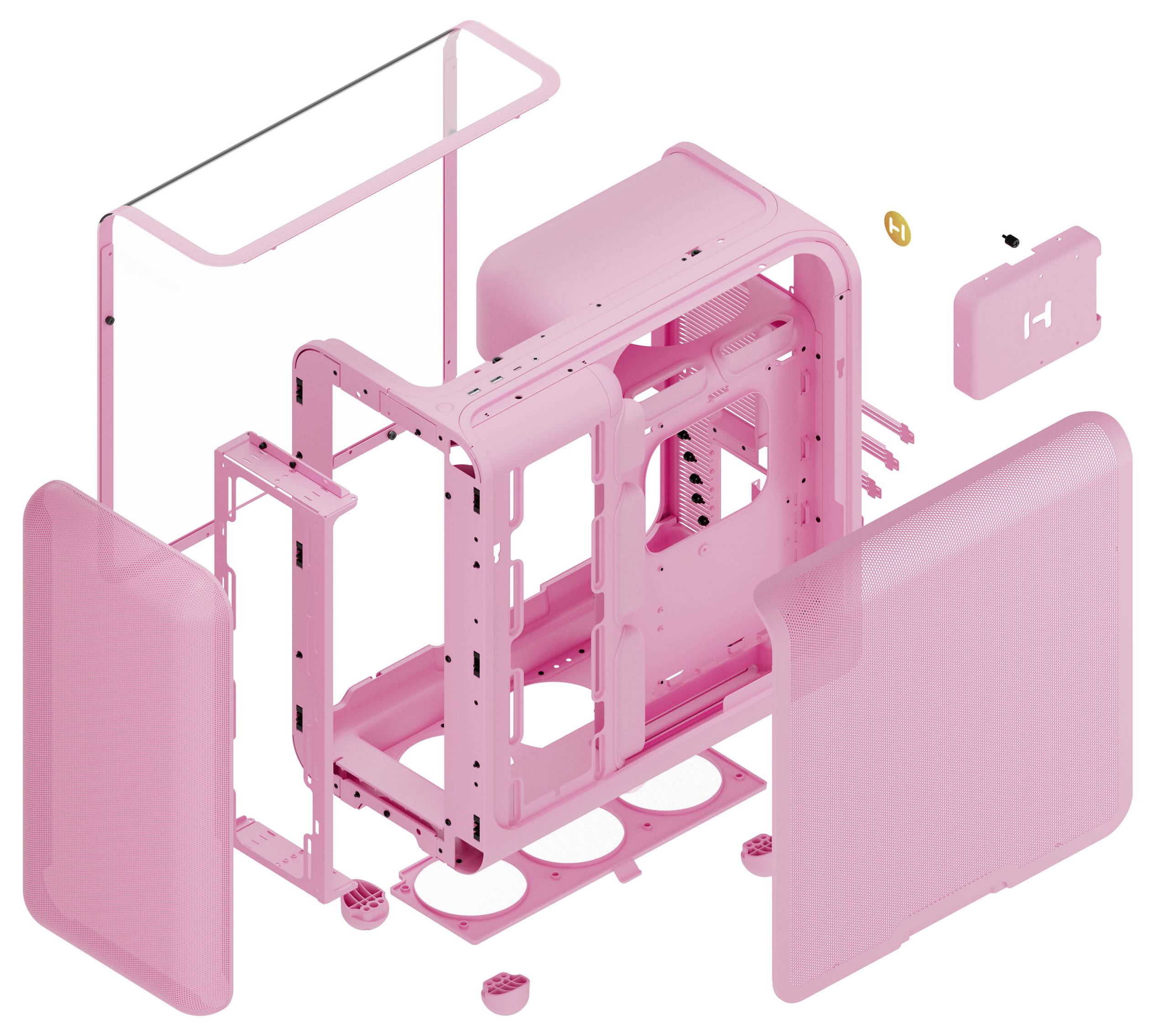 Explosionszeichnung eines rosa Computergehäuses zeigt verschiedene zerlegte Komponenten und hebt die innere Struktur und das Layout hervor, einschließlich Seitenpaneele und Rahmen.
