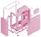 Explosionszeichnung eines rosa Computergehäuses zeigt verschiedene zerlegte Komponenten und hebt die innere Struktur und das Layout hervor, einschließlich Seitenpaneele und Rahmen.
