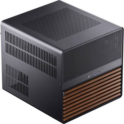 Ein schlankes, würfelförmiges Computergehäuse mit schwarzer Metalloberfläche und einer Frontblende mit Holzlamellen und Einschalttaste.