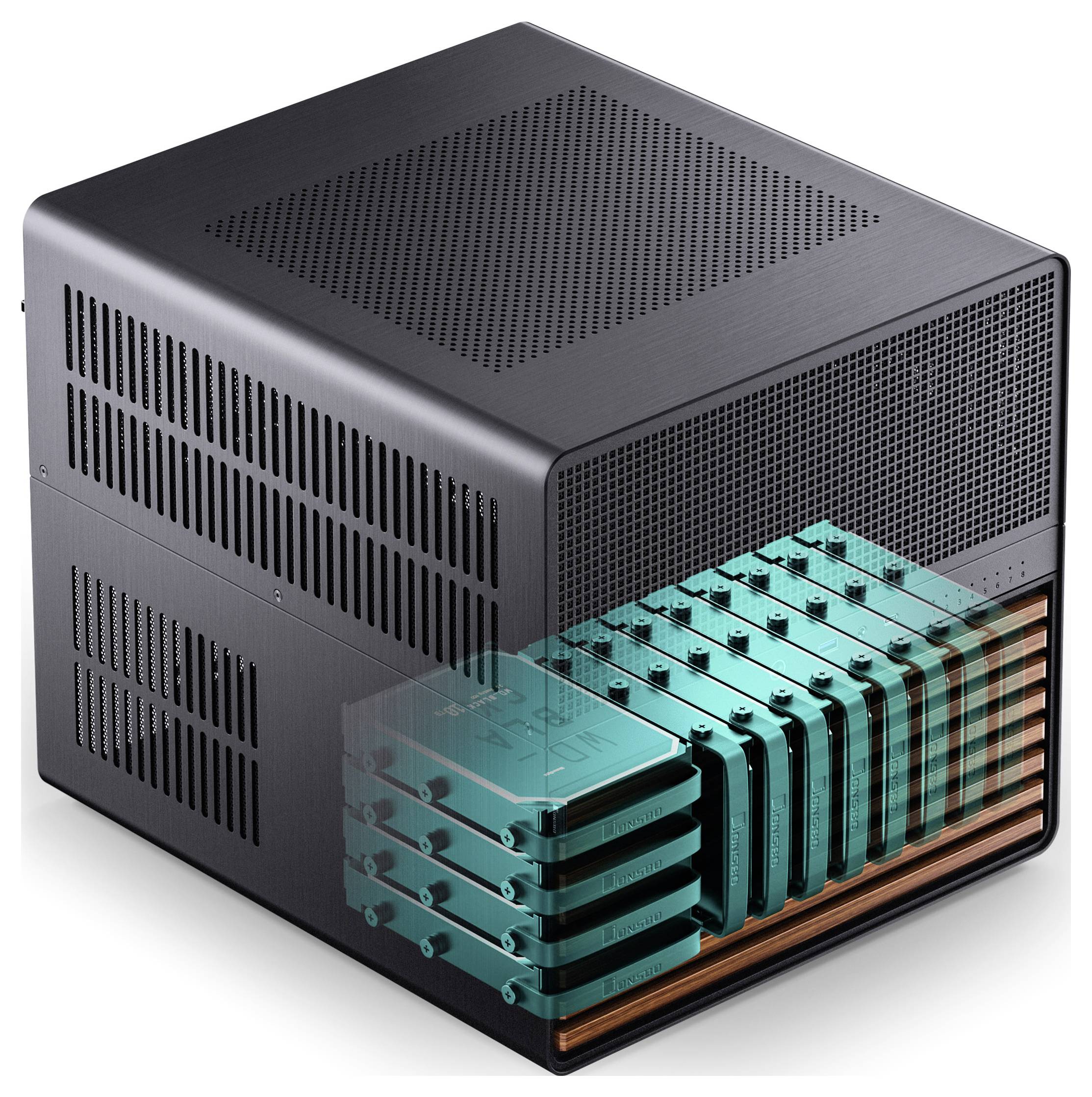 Ein schwarzer Computer-Server-Würfel mit halbtransparenten Platten, die mehrere gestapelte blaue und grüne Leiterplatten im Inneren zeigen.