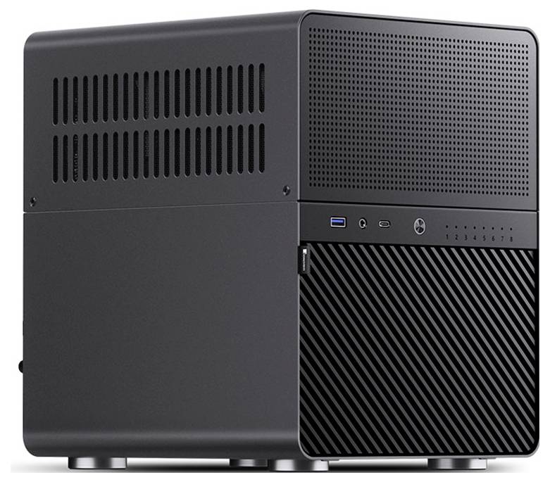 Ein moderner, kompakter schwarzer Computertower mit belüfteten Seitenpanelen und einem vorderen USB-Anschluss, entwickelt für effiziente Kühlung und einfache Zugänglichkeit.