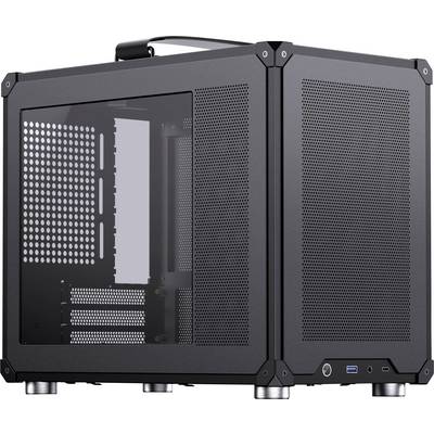 Ein schwarzes Computergehäuse mit einer Seitenscheibe aus Glas und Belüftungslöchern; zu den Funktionen gehören USB-Anschluss, Griff und kompaktes Würfeldesign.