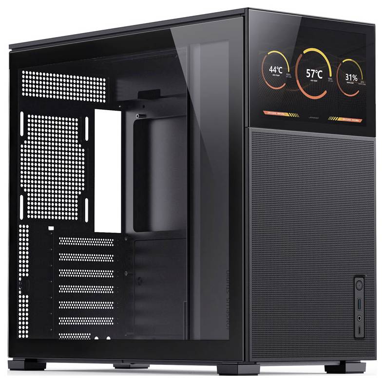 Ein Computergehäuse mit Glasfront, das eine digitale Anzeige mit Temperatur und CPU-Auslastung in Prozent zeigt.