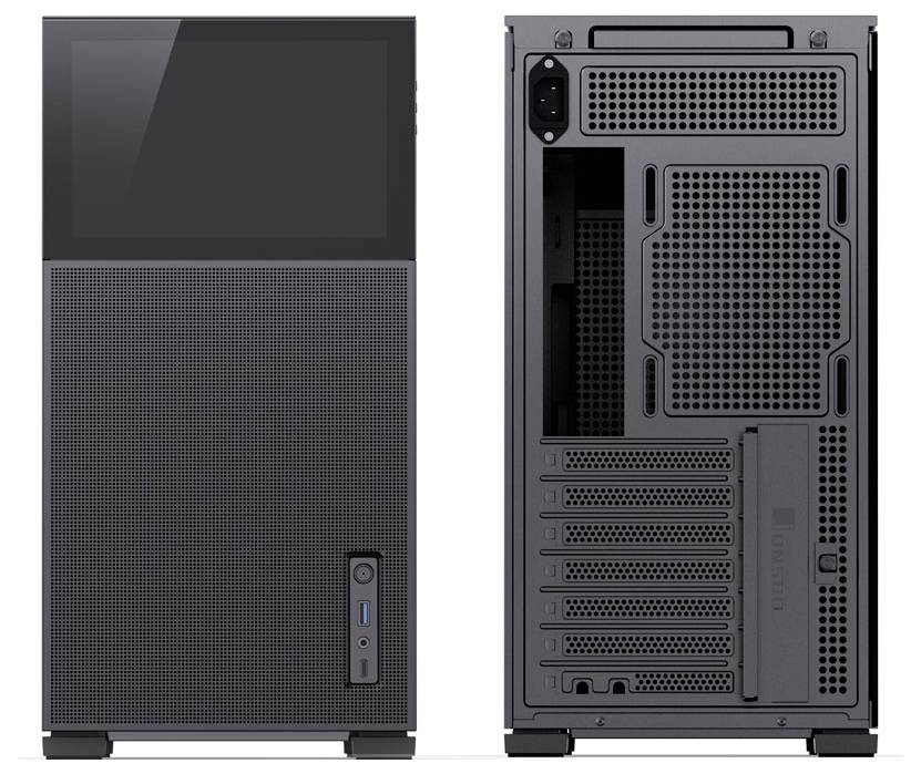 Ein schlankes schwarzes Computergehäuse wird gezeigt. Die Frontansicht zeigt einen Powerbutton und einen USB-Anschluss, während die Rückansicht mehrere Belüftungspaneele aufweist.