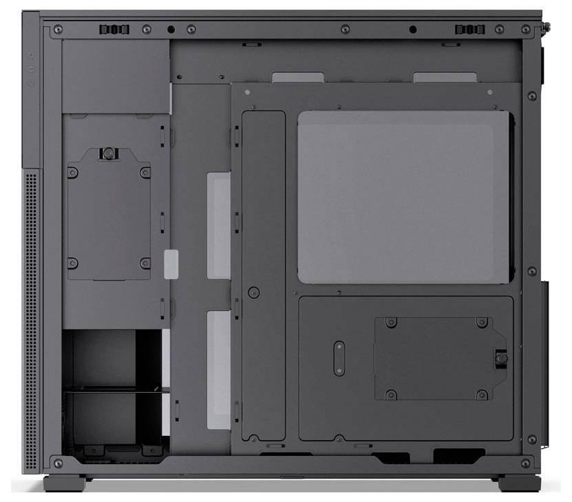 Geöffneter Computer-Gehäuse, der mehrere Abteilungen, Einbauschächte für Komponenten und Kabelmanagement-Funktionen zeigt, die für den PC-Aufbau konzipiert sind.