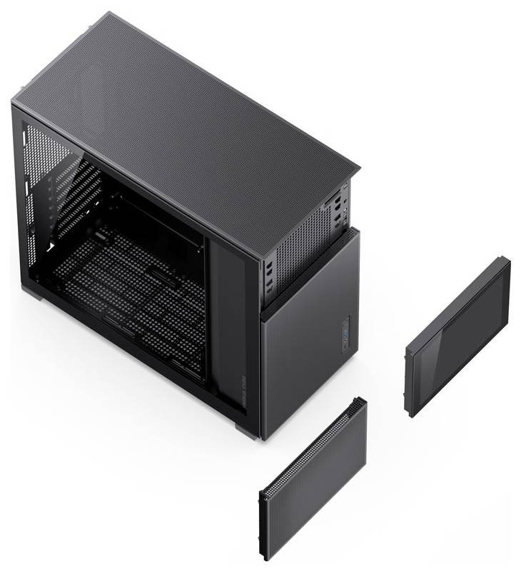 Computergehäuse mit Netzdesign, Seitenpaneel entfernt, Innenstruktur sichtbar. Zwei Panels liegen außerhalb und zeigen Montagemöglichkeiten.