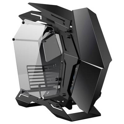 Futuristisches schwarzes Computergehäuse mit eckigem Design und offenen Seiten, das Innenräume mit Steckplätzen und einen Kontrollbereich mit USB-Anschlüssen präsentiert.