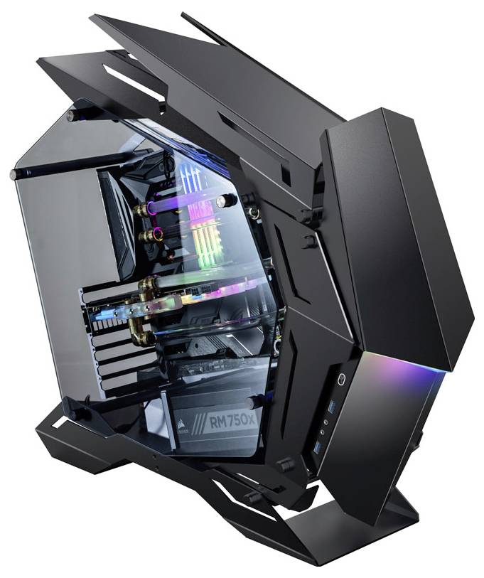 Ein futuristischer schwarzer Computer-Tower mit bunten LED-Lichtern und transparenten Paneelen, die Innenkomponenten sichtbar machen, mit der Bezeichnung "RM750X".