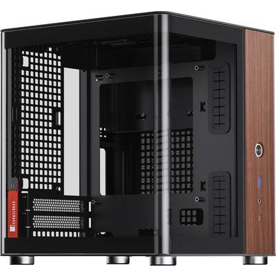 Kompaktes schwarzes Computergehäuse mit Holzmaserung und durchsichtiger Seitenscheibe, das die interne Struktur für individuelle PC-Builds präsentiert.