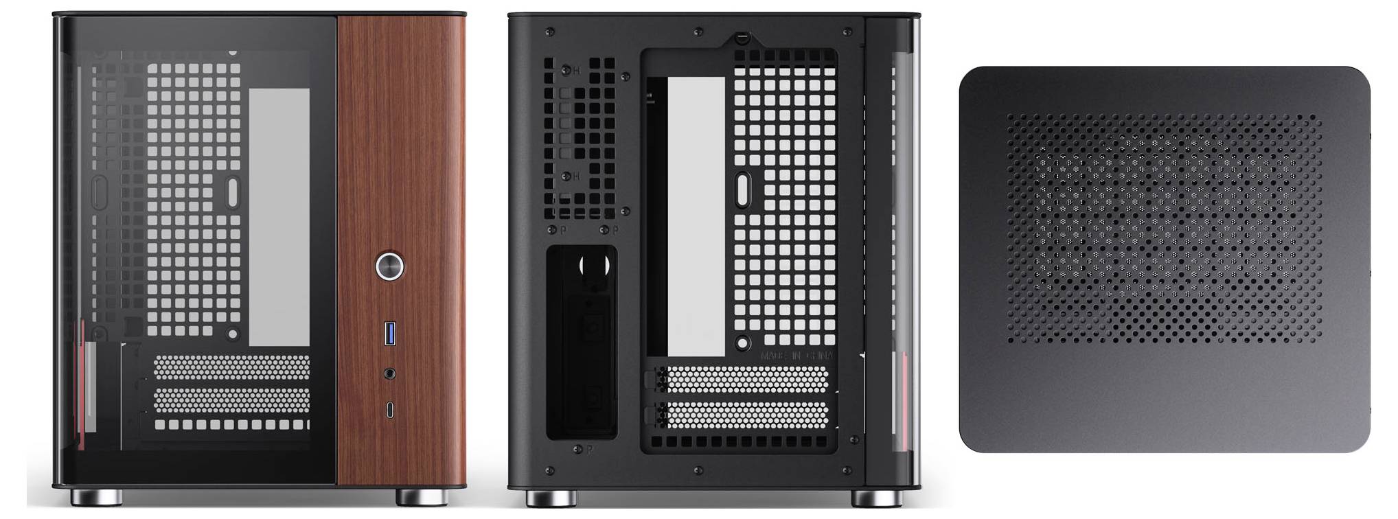 Das Bild zeigt ein Computergehäuse mit einer holzvertäfelten Frontseite, mehreren belüfteten Paneelen für Luftzirkulation und verschiedenen Anschlussöffnungen, wobei das moderne Design hervorgehoben wird.