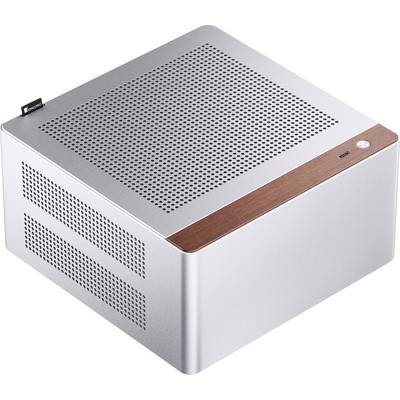 Ein silberner Computergehäuse mit minimalistischem Design, das eine Holzakzente am oberen Rand und Belüftungslöcher auf der Oberfläche aufweist.