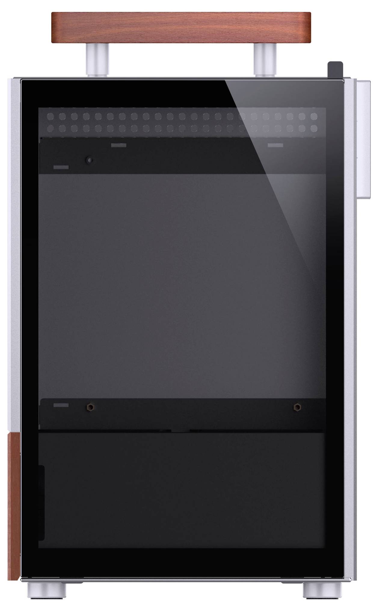 Ein kompakter, moderner Weinkühler mit Glastür und Holzgriff, konzipiert zum Lagern und Präsentieren von Weinflaschen.