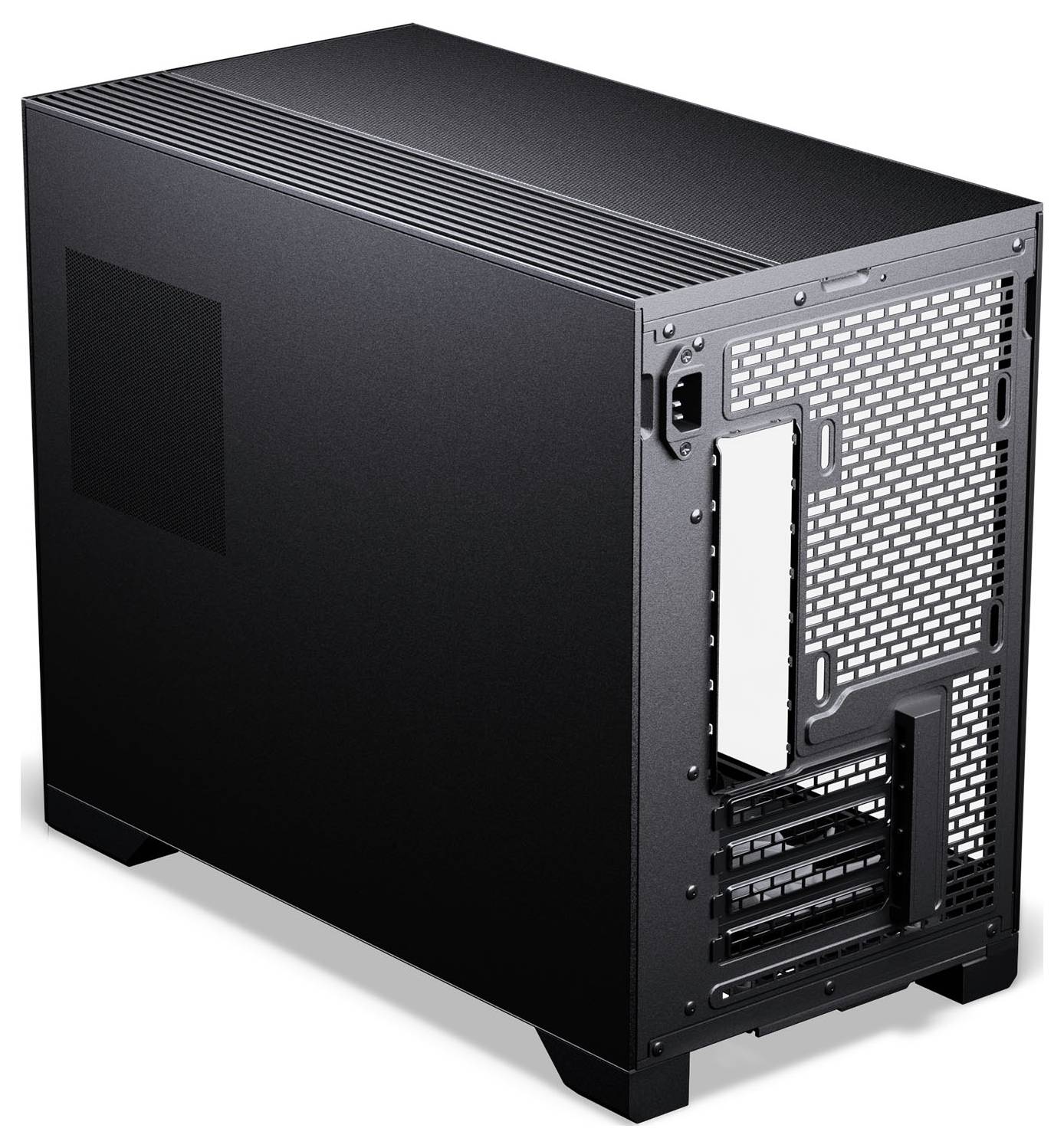 Ein schwarzes, leeres Computer-Tower-Gehäuse ohne Seitenpanels, das sein Inneres und die Rückseiten-Belüftungsstruktur für die Kühlung der Komponenten zeigt.