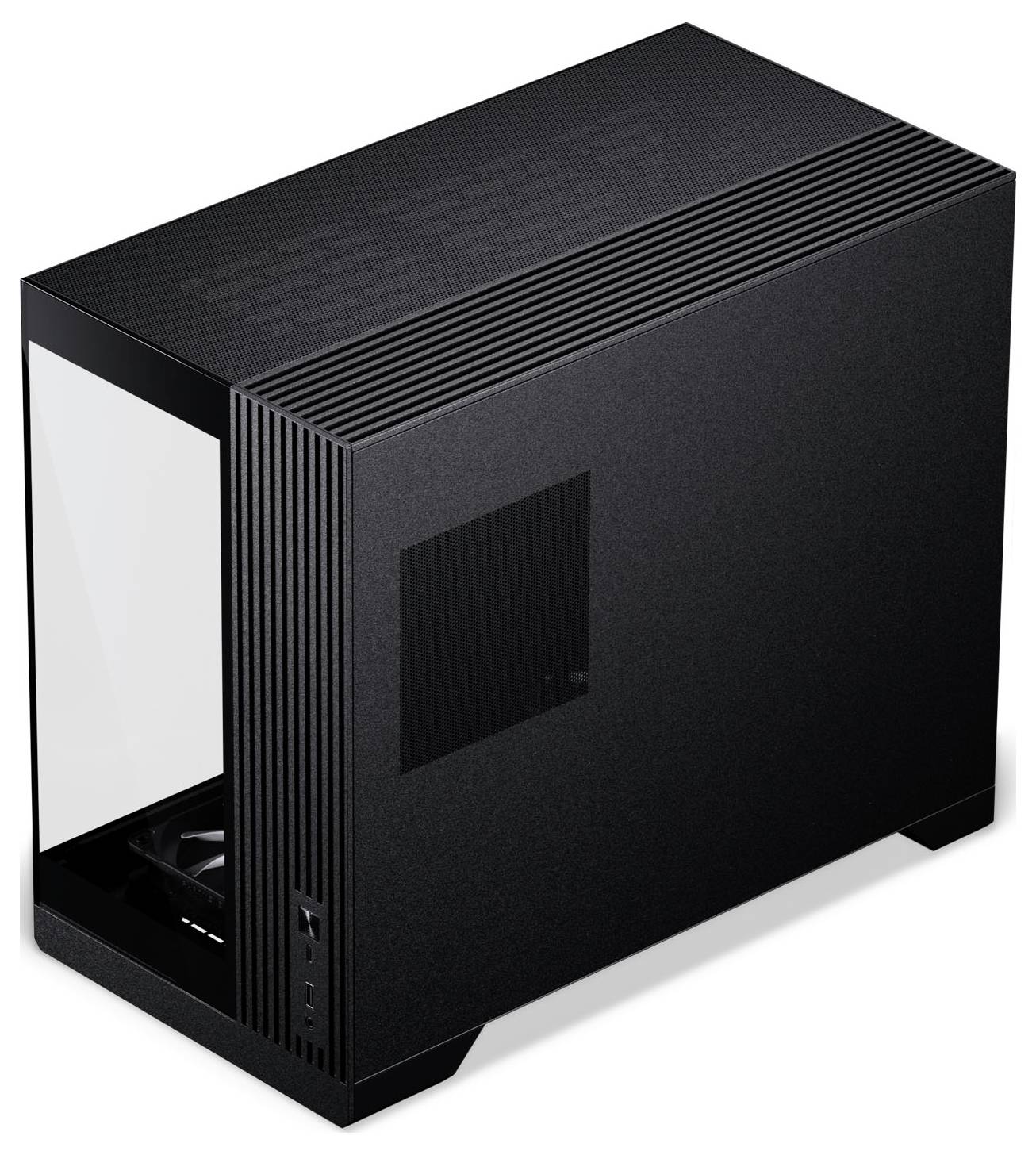 Ein schlankes schwarzes Computergehäuse mit einer Seitenwand aus gehärtetem Glas, versehen mit Belüftungsschlitzen auf Ober- und Vorderseite, das ein minimalistisches Design betont.