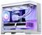 Ein schlankes, weißes Gaming-PC mit transparentem Seitenfenster offenbart RGB-beleuchtete Komponenten, darunter eine Grafikkarte mit der Aufschrift "REPUBLIC OF GAMERS".