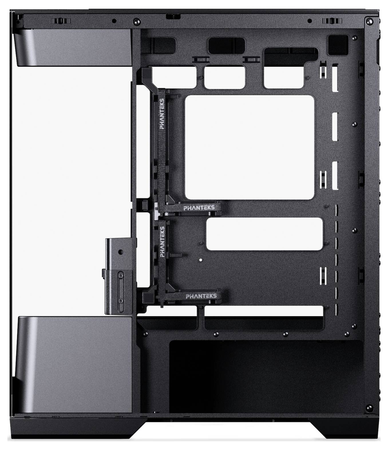 Ein schlankes, schwarzes Computergehäuse-Innenleben mit modularen Panelen, Kabelmanagement-Kanälen und Montageslots für Komponenten.