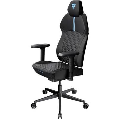 Schwarzer ergonomischer Gaming-Stuhl mit blauen Akzenten. Ausgestattet mit verstellbaren Armlehnen und einer hohen Rückenlehne mit einem Logo auf der Kopfstütze.