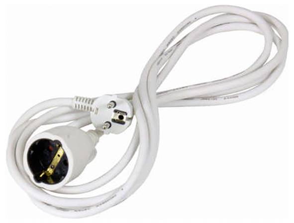Ein aufgewickeltes weißes Elektrokabel mit einem Zweipol-Stecker und einer Steckdose an den entgegengesetzten Enden.